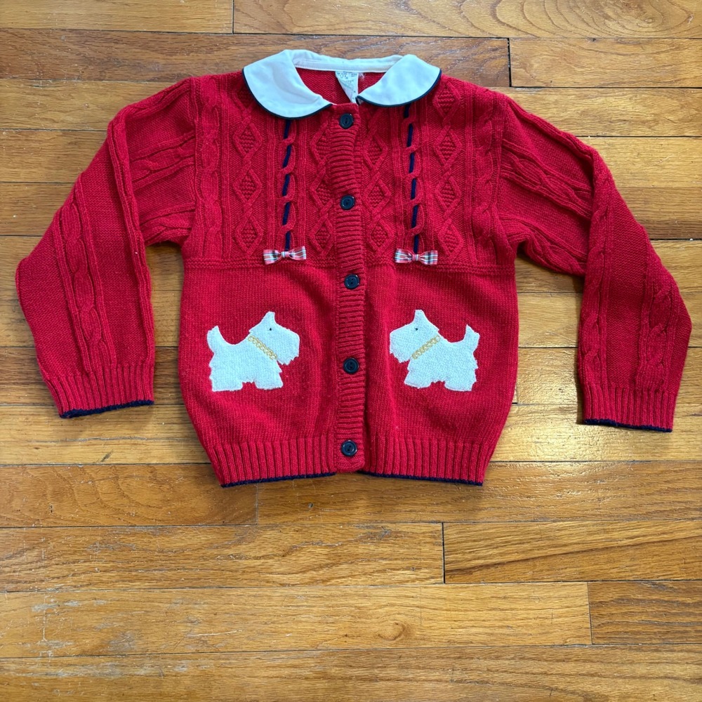 B.T. Kids Girls 6X Cardigan Red Scottie Dog Cable Knit Peter Pan Collar
